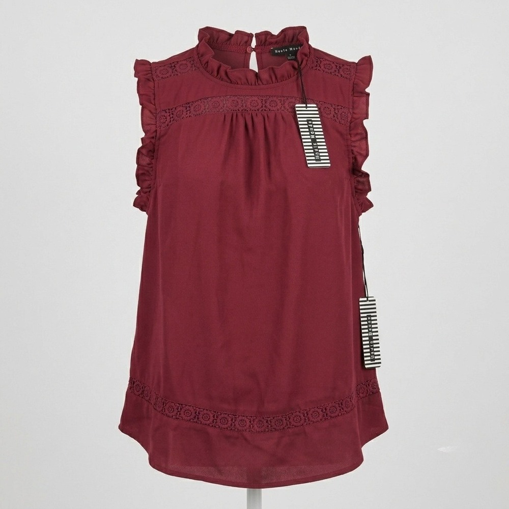Haute Monde Women Small Burgundy Top HMT51142S Romantic Crochet Lace Ruffle Trim